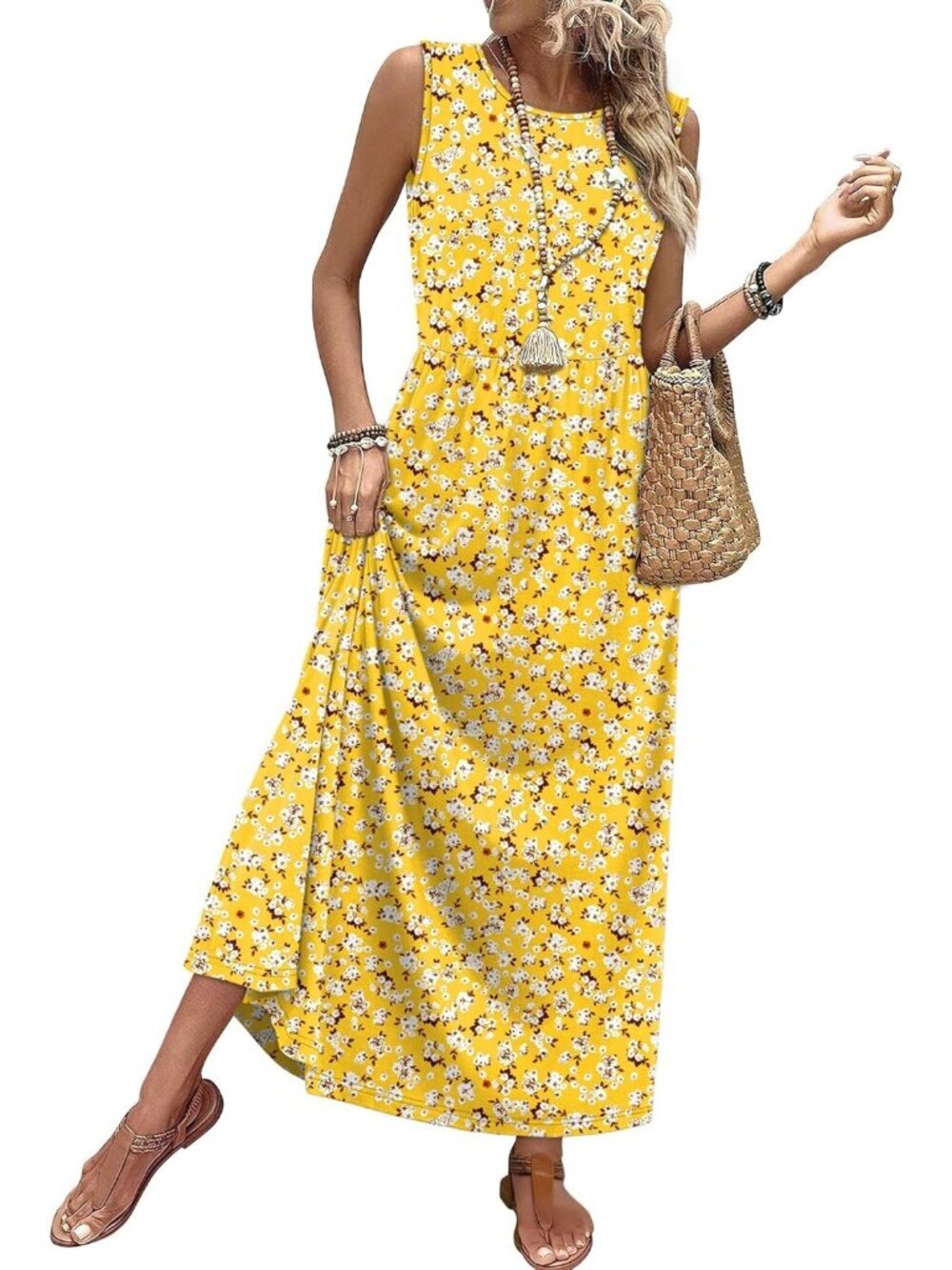 Women Daisy Print Pull On A Line Sleeveless Sundresses Pockets Maxi Dresses